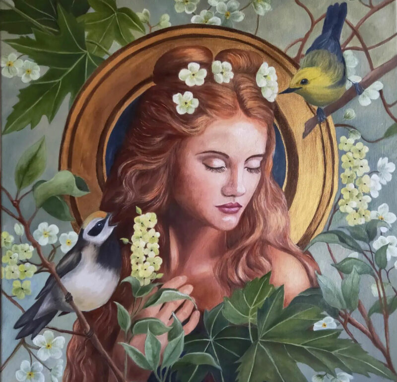 Listening to the birds oil painting